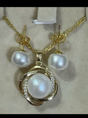 Elegant 14K Gold Plated South Sea Pearl Necklace Earrings Jewelry Set 22”